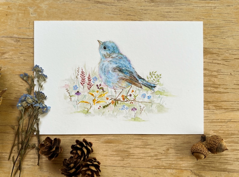 Bluebird Art, Bluebird Art Print, Bluebird Painting, Spring Art, Watercolor Bluebird, Bluebird & Wildflowers, Nature Art, Woodland Nursery image 2