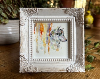 Arte enmarcado en miniatura de lobo, impresión de arte de acuarela por arte de Lady Majik Horse, arte pequeño, mini arte, arte diminuto, arte de lobo, obra de arte pequeña cuadrada