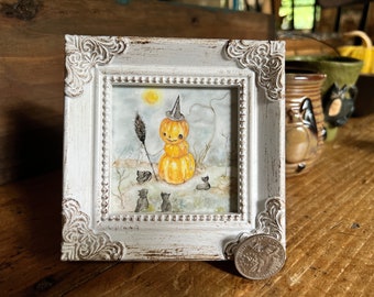 Pumpkin Snowman Black Cats Miniature Framed Art, Watercolor Art Print by Art by Lady Majik Horse, Small Art, Mini Art, Tiny Art, Witchy Art