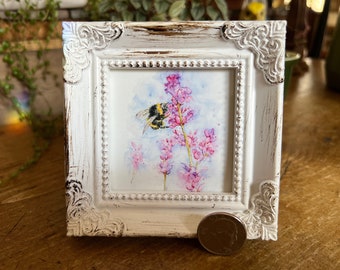 Bumblebee Snapdragons Miniature Framed Art Watercolor Art Print by Art by Lady Majik Horse, Small Art, Mini Art, Tiny Art, Garden Art