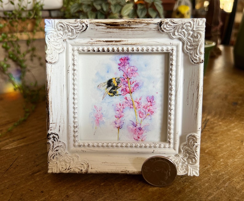 Bumblebee Snapdragons Miniature Framed Art Watercolor Art Print by Art by Lady Majik Horse, Small Art, Mini Art, Tiny Art, Garden Art image 1