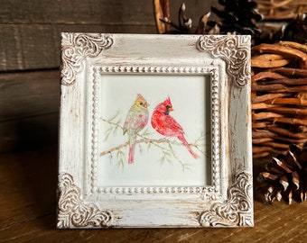 Cardinals Miniature Framed Art, Watercolor Art Print by Art by Lady Majik Horse, Small Art Mini Art, Cardinal Pair Painting