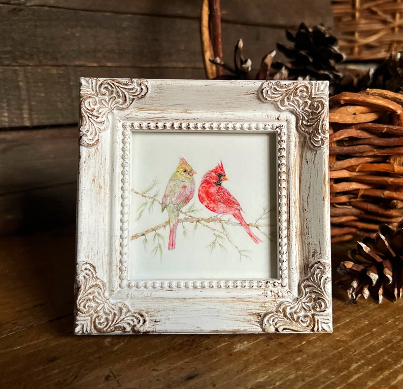 Cardenales arte enmarcado en miniatura, impresión de arte acuarela por arte de Lady Majik Horse, mini arte de arte pequeño, pintura de par cardenal imagen 1