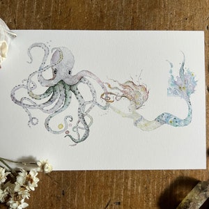 Arte de sirena, Estampado de sirena, Pintura de acuarela de sirena y pulpo, Decoración de la casa de playa, Arte de sirena para baño, Arte de fantasía