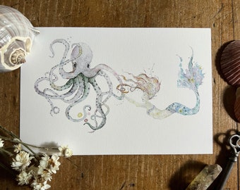 Mermaid Art, Mermaid Print, Mermaid & Octopus Watercolor Painting, Beach House Decor, Mermaid Art for Bathroom, Fantasy Art