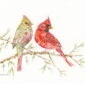 Cardinals Pair Art Print Watercolor Painting Christmas Art by Lady Majik Horse