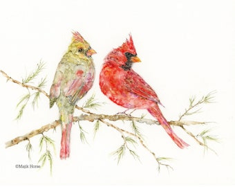 Cardinals Pair Art Print Watercolor Painting Christmas Art by Lady Majik Horse