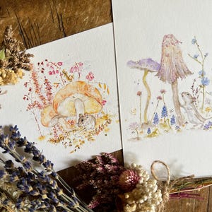 Mouse Art Print, Mini Art Prints, Set of 2 Prints, Gallery Wall Art, Cute Mice Art, Mushroom Mouse Art Print, Watercolor Mouse Painting