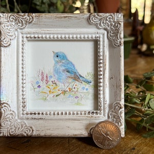 Bluebird Wildflowers Miniature Framed Art, Watercolor Art Print by Art by Lady Majik Horse, Small Art Mini Art, Tiny Art, Summer Art