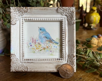 Bluebird Wildflowers Miniature Framed Art, Watercolor Art Print by Art by Lady Majik Horse, Small Art Mini Art, Tiny Art, Summer Art