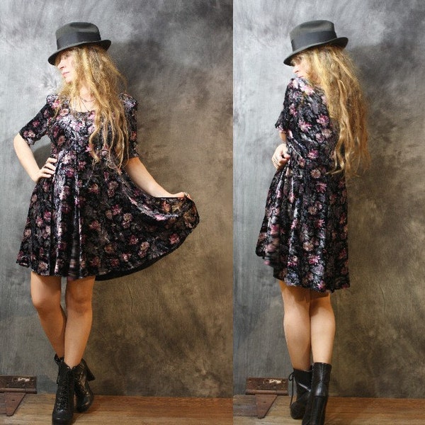 Vintage Baby Doll Dress Bohemian Grunge Velvet Floral Skater Skirt  Majik Horse 1980s 1990s Dress