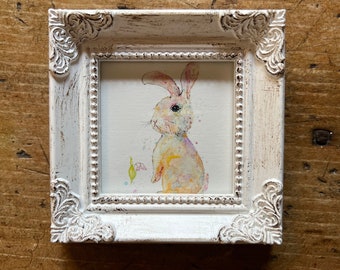 Bunny Rabbit, Miniature Framed Art, Art Print, Art by Lady Majik Horse, Small Art Mini Art, Bunny Art, Rabbit Painting, Nursery Art