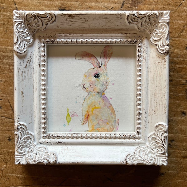 Bunny Rabbit, Miniature Framed Art, Art Print, Art by Lady Majik Horse, Small Art Mini Art, Bunny Art, Rabbit Painting, Nursery Art