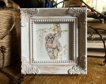 Sloth Miniature Framed Art, Sloth Art Print by Art by Lady Majik Horse, Small Art Mini Art, Sloth Painting, Cute Sloth Painting