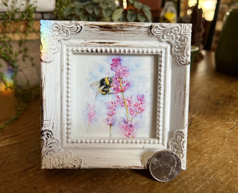 Bumblebee Snapdragons Miniature Framed Art Watercolor Art Print by Art by Lady Majik Horse, Small Art, Mini Art, Tiny Art, Garden Art image 2