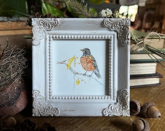 Robin Bird Miniature Framed Art, Watercolor Art Print by Art by Lady Majik Horse, Small Art Mini Art, Tiny Art, Spring Art