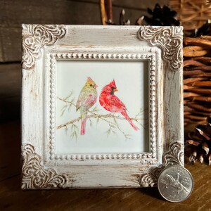 Cardinals Miniature Framed Art, Watercolor Art Print by Art by Lady Majik Horse, Small Art Mini Art, Cardinal Pair Painting zdjęcie 2