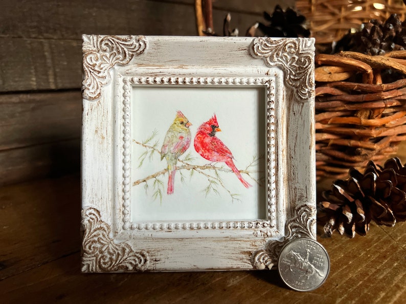 Cardinals Miniature Framed Art, Watercolor Art Print by Art by Lady Majik Horse, Small Art Mini Art, Cardinal Pair Painting zdjęcie 2