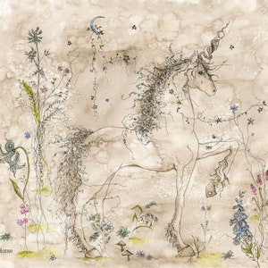 Unicorn, Art Print, Illustration, Witchy Decor, Garden, Flowers, Art by Lady Majik Horse