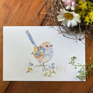 Fairy Wren Art, Bird Art Print, Forget Me Not Flowers, Watercolor Bird Painting, Spring Art, Wren Art Print