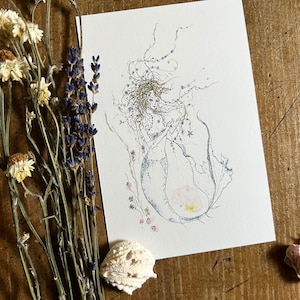 Mermaid Art, Mermaid Art Print, Mermaid Print, Mermaid Watercolor Painting, Beach House Decor, Mermaid Art for Bathroom, Line & Wash