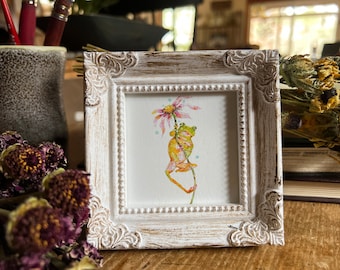 Frog & Gerbera Daisy Miniature Framed Art, Frog Art Print, Small Art Mini Art, Tiny Art, Spring Art, Tree Frog Painting