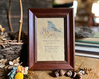 Bluebird Wildflowers Small Framed Art, Watercolor Art Print, Framed Journal Page, Inspirational Art, Bluebird Painting, Vintage Style Art