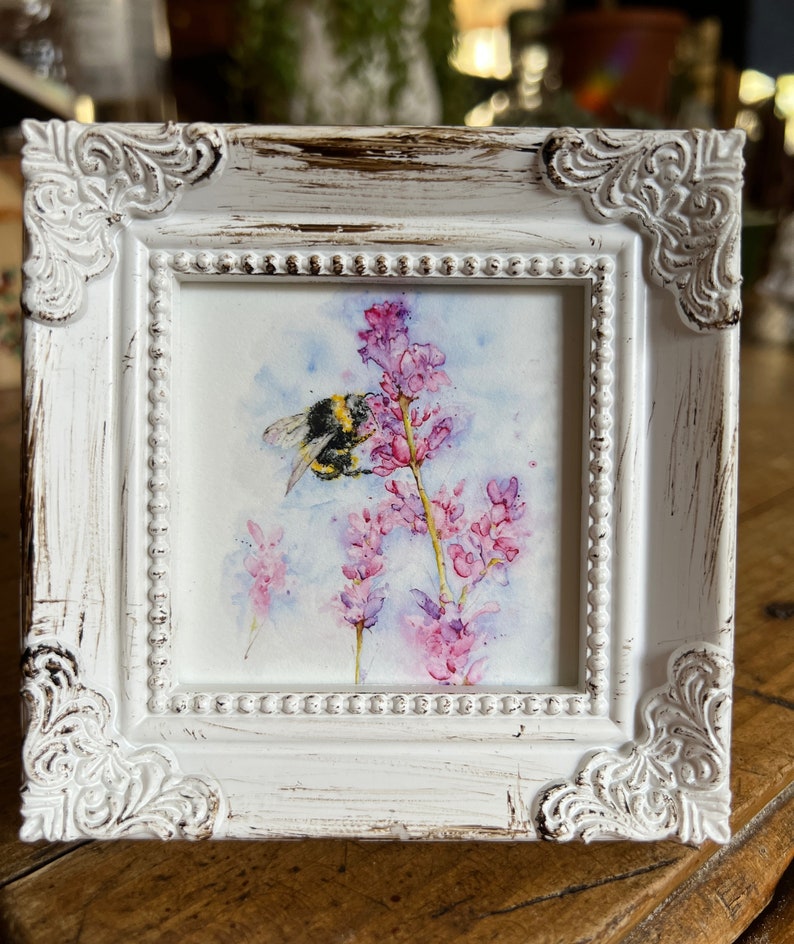 Bumblebee Snapdragons Miniature Framed Art Watercolor Art Print by Art by Lady Majik Horse, Small Art, Mini Art, Tiny Art, Garden Art image 3