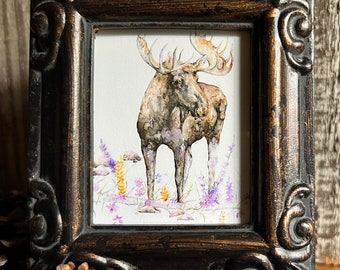 Moose Miniature Framed Art, Watercolor Moose Art Print, Small Framed Art, Mini Art, Wildlife Art, Moose Painting