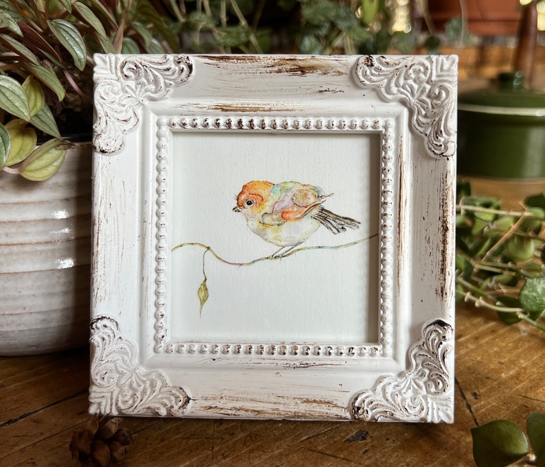 Little Bird Miniature Framed Art, Watercolor Art Print by Art by Lady Majik Horse, Small Art Mini Art, Tiny Art, Spring Art image 1