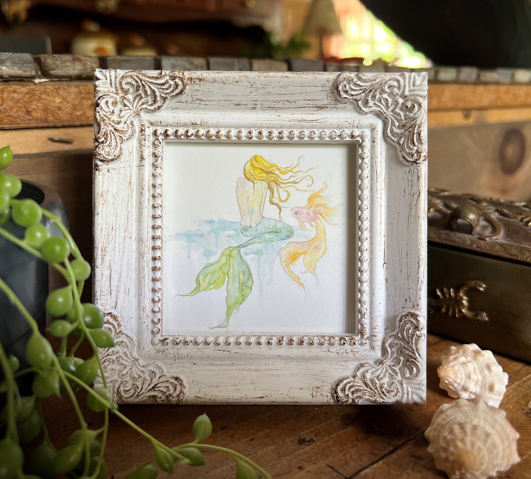 Mini Mermaid Art, Watercolor Mermaid Art, Mini Framed Mermaid, Framed