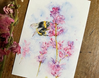 Bumblebee Art Print, Botanical Watercolor Painting, Summer Garden, Bee & Snapdragons, Art by Lady Majik Horse