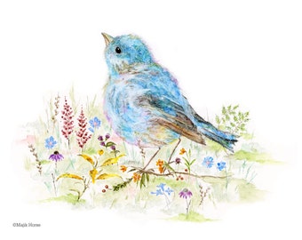 Bluebird Art, Bluebird Painting, Spring Art, Bluebird Wildflowers Art Print, Farmhouse Decor, Country Home Wall Art, Art for Nursery