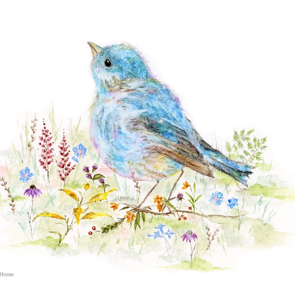 Bluebird Art, Bluebird Painting, Spring Art, Bluebird Wildflowers Art Print, Farmhouse Decor, Country Home Wall Art, Art for Nursery