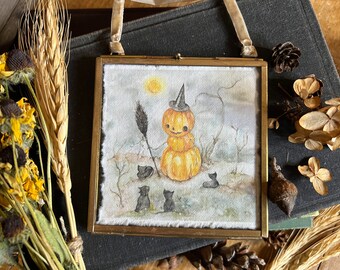 Pumpkin Black Cats Framed Small Art, Halloween Art Print, Framed Mini Art, Vintage Style Decor, Brass & Glass Ornament, Handmade Paper