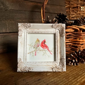 Cardenales arte enmarcado en miniatura, impresión de arte acuarela por arte de Lady Majik Horse, mini arte de arte pequeño, pintura de par cardenal imagen 3