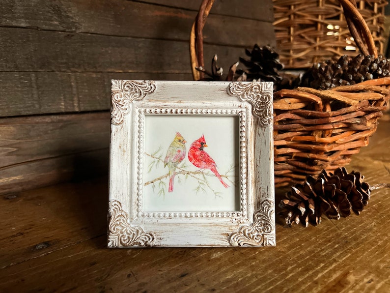 Cardenales arte enmarcado en miniatura, impresión de arte acuarela por arte de Lady Majik Horse, mini arte de arte pequeño, pintura de par cardenal imagen 3