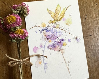 Dragonfly Art, Botanical Art, Garden Art, Dragonfly Print, Watercolor Dragonfly, Dragonfly and Wild Flowers, Kitchen Art