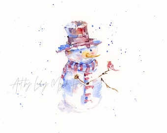 Little Snowman and Cardinal Art Print, Snowman Painting, Winter Wall Art, Christmas Art Print, Holiday Art