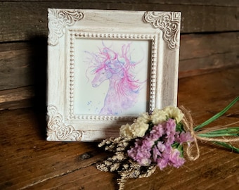 Arte enmarcado en miniatura de unicornio de algodón de azúcar, impresión de arte de acuarela, arte cuadrado pequeño, mini arte, arte de caballo, pintura de unicornio