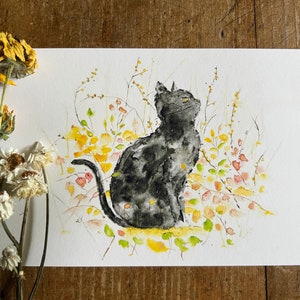 Black Cat Print, Cat Art, Autumn Leaves, Watercolor Cat, Cat Wall Art, Cat Painting, Witchy Art, Autumn, Fall