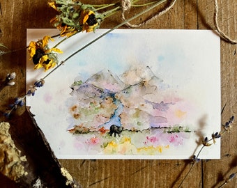 Bear Art Print, Watercolor Mountains, Tiny Art, Magical Landscape Art, Nursery Bear Wall Art, Lodge Wall Art, Cabin Decor