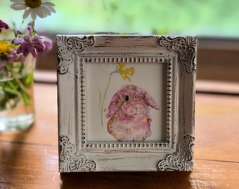 Little Bunny Miniature Framed Art Print, Bunny Art, Small Art, Rabbit Art Print, Mini Framed Art, Cute Bunny Watercolor, Daffodil