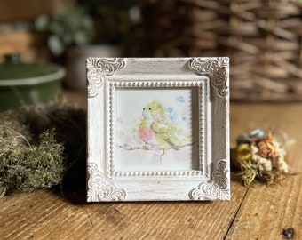 Fuzzy Little Bird Miniature Framed Art, Watercolor Art Print by Art by Lady Majik Horse, Small Art Mini Art, Tiny Art, Spring Art