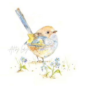 Fairy Wren Art, Bird Art Print, Wren Painting, Spring Art, Little Bird Forget Me Not Flowers Art Print, Home Decor, Wren Wall Art