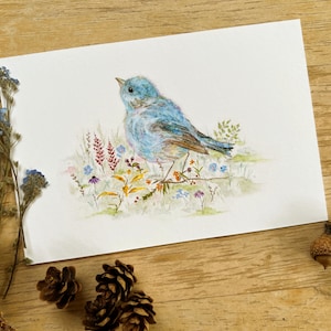 Bluebird Art, Bluebird Art Print, Bluebird Painting, Spring Art, Watercolor Bluebird, Bluebird & Wildflowers, Nature Art, Woodland Nursery image 1