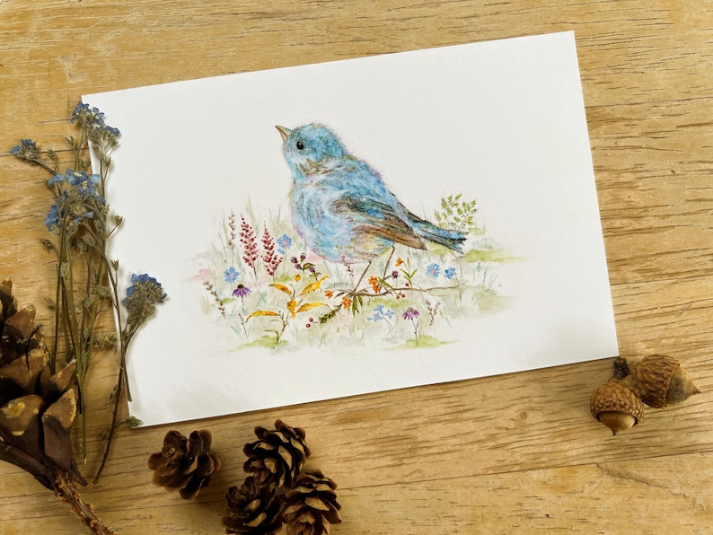 Bluebird Art, Bluebird Art Print, Bluebird Painting, Spring Art, Watercolor Bluebird, Bluebird & Wildflowers, Nature Art, Woodland Nursery image 1