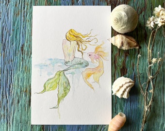 Mermaid Art, Mermaid Print, Mermaid & Fish, Watercolor Painting, Beach House Decor, Mermaid Art for Bathroom