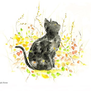 Black Cat Art Print Autumn Leaves Watercolor Painting Art by Lady Majik Horse