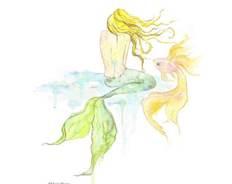 Mermaid Art Print, Watercolor Painting, Best Friend Gift, Art by Lady Majik Horse